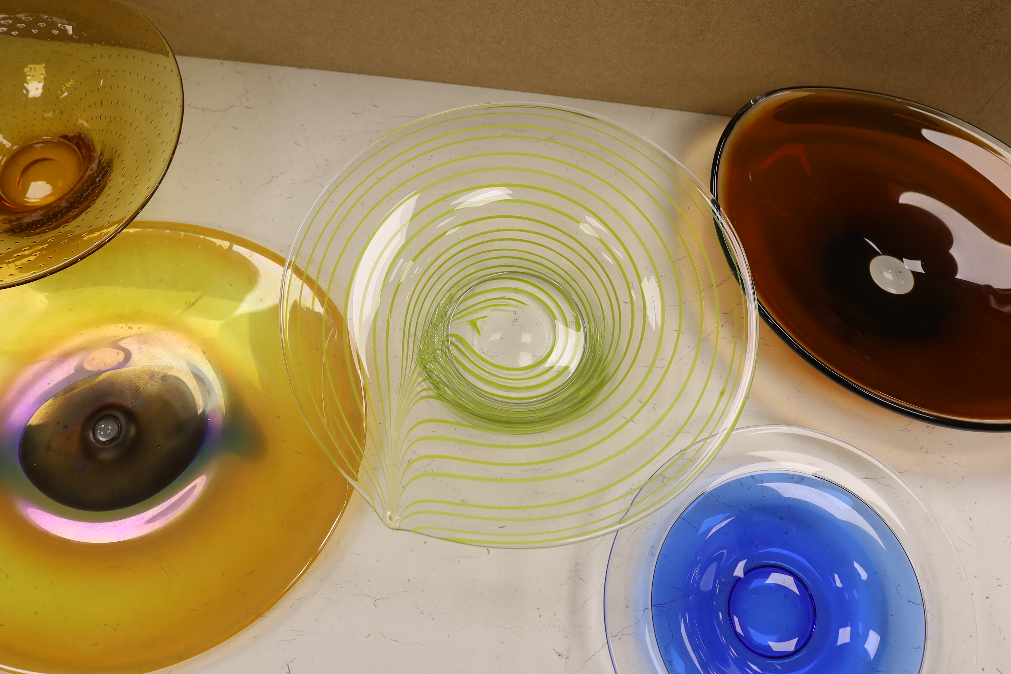 Five large studio coloured glass dishes, largest 42cm